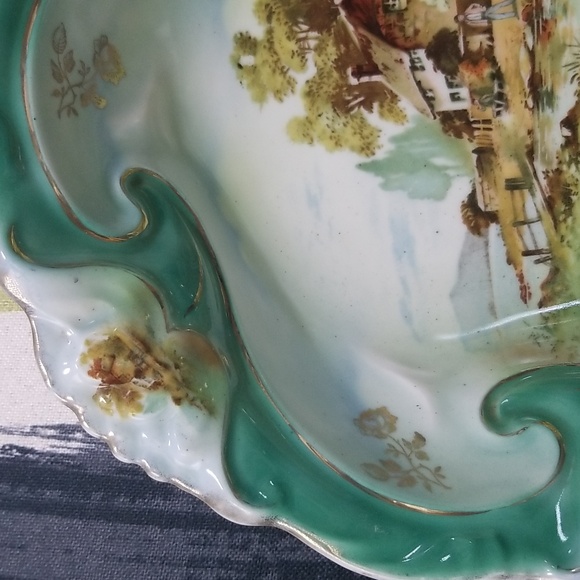 Germany Three Crown China Big Cottage Scenic Bowl With Wavery Green Gold Flowers - Picture 4 of 16